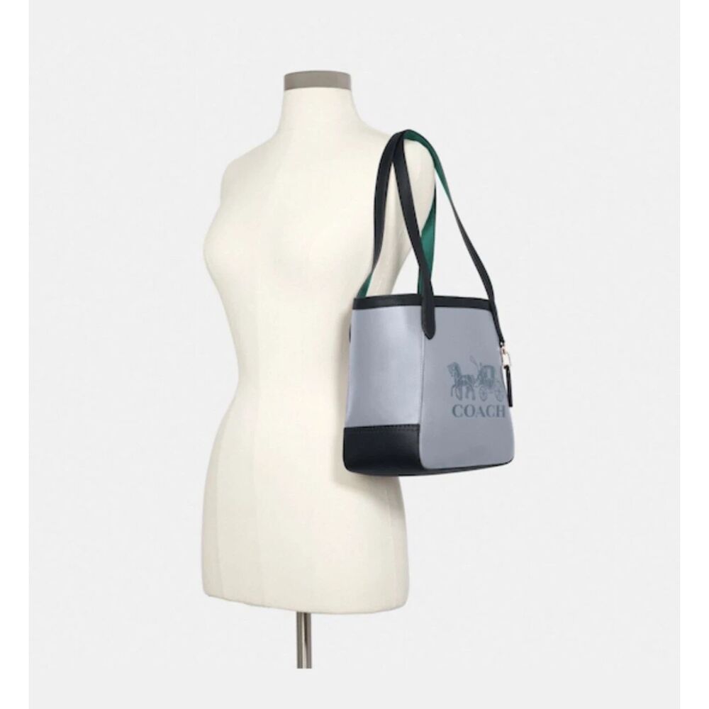 Coach Pebble Leather Tote 27 With Horse & Carriage In Colorblock TWILIGHT Blue - Picture 4 of 4